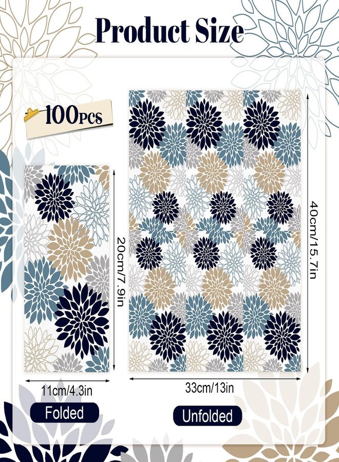 IANFEPH 100 Pack Fall Dahlia Paper Napkins 3 Ply Disposable Bathroom Guest Hand Towels 4.3 x 7.9 Inch Blue Grey Vintage Floral Napkin for Wedding Birthday Party Supplies - Image 4
